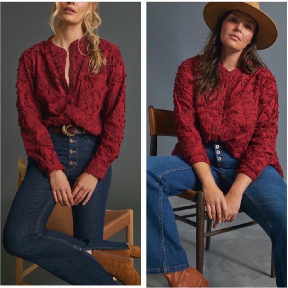 ANTHROPOLOGIE Pilcro Whitney Trapeze Button Down Red Maroon Floral Blouse